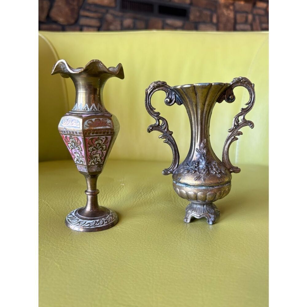 Vintage Brass Mini Vase Set Italy & India Ornate Floral Etched Bud Vases